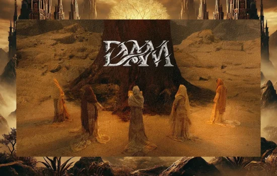 A dramatic scene from SB19's "DAM" music video, featuring five cloaked figures standing in a barren desert around a massive ancient tree. The mystical setting includes towering dark castles in the background and a glowing golden tree in the sky, creating an epic fantasy atmosphere. The stylized "DAM" logo is prominently displayed in the center, reinforcing the music video's mythical and cinematic theme.